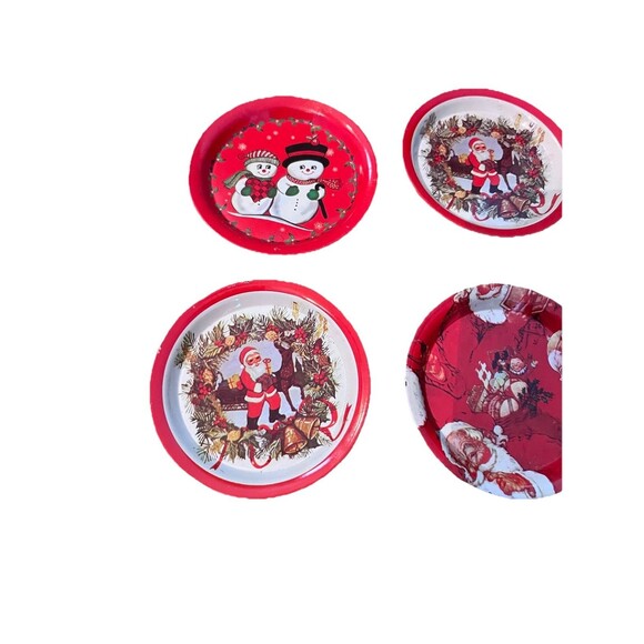 Vtg Set of 5 Holiday Christmas Metal Tin Coasters Snowman Santa 3.25 Inches - Picture 2 of 6